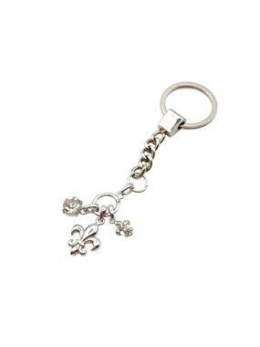 Fleur-De-Lis Keychain With Rhinestone Charm Silver-Tone Metal Vintage-Inspired